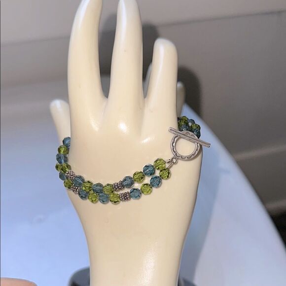 Silver, Green & Blue Faceted Plastic Beaded Two Strand Bracelet - Picture 1 of 4
